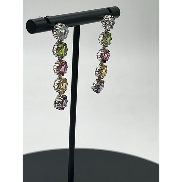 K 925 Sterling Silver Rhodium Semi Precious Multi Gemstone Round Dangle Earrings - Picture 4 of 14